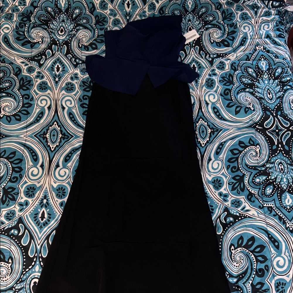 Rene Ruiz One Shoulder Black and Navy Dress. Draped Crepe Column Gown